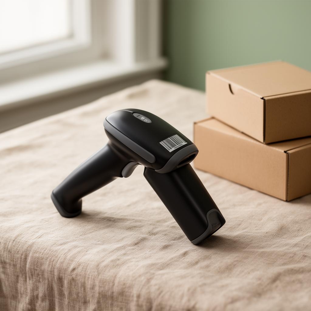 Barcode scanner resting on linen surface next to small stack of boxes